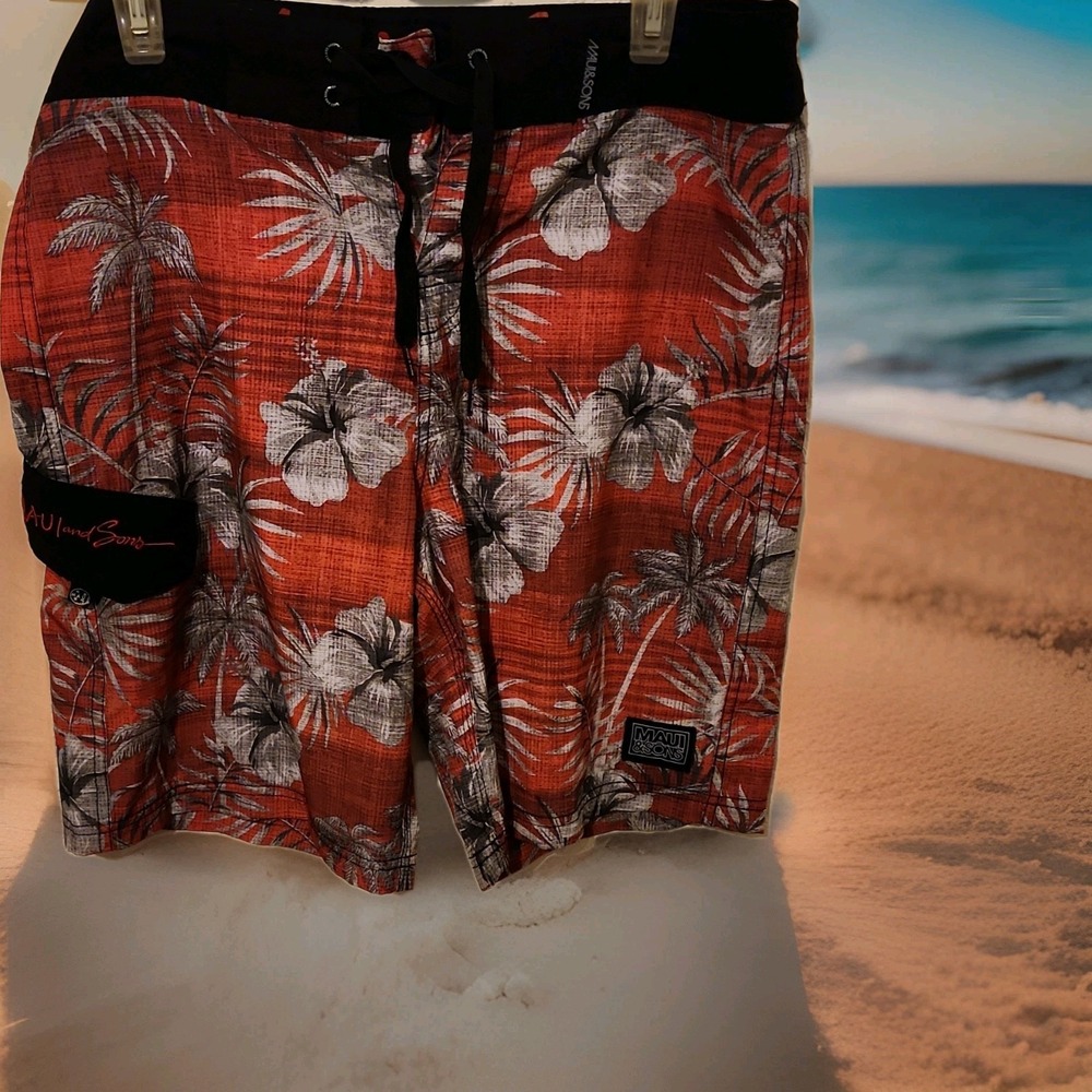 Maui and Sons Men's Board Shorts 32 Red/Black Floral Tropical Pockets Drawstring